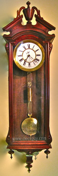 George A. Jones Regulator No. 1 in Black Walnut - 58" length, 8" dial with sweep seconds, vertical crown style pinwheel movement, maintaining power ~ Antique Clocks Guy