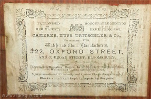 Johann Baptiste Beha Shelf Cuckoo - Inside Backboard Label from Jeweler Camerer & Cuss ~ Antique Clocks Guy