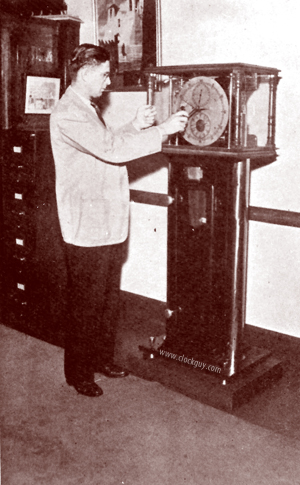 Arthur J. Strobel, SFRR Time Service Dept head inspects Seth Thomas/SFRR "Precision" astronomical regulator ~ Antique Clocks Guy 
