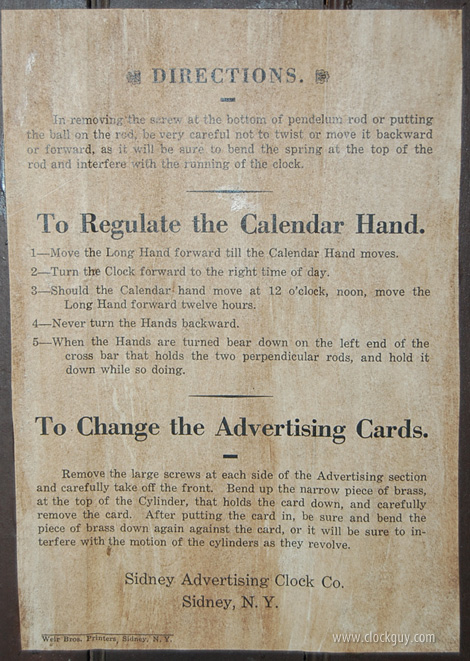 Sidney Advertising Clocks - Back Directions Label ~ Antiquie Clocks Guy