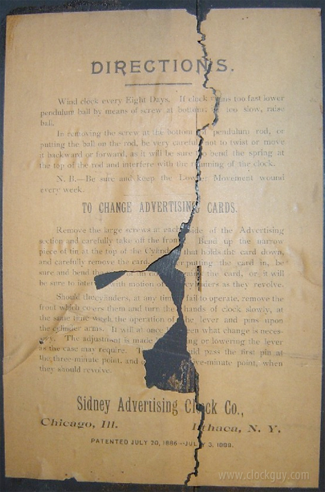 Sidney Advertising Clocks - Back Directions Label ~ Antiquie Clocks Guy